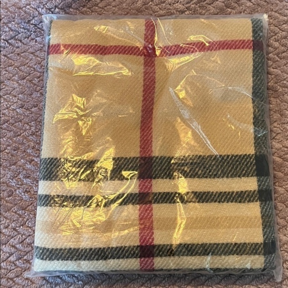 Tan Plaid Scarf with Red and Black Stripes NWOT